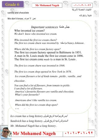 Grade 1
Mr Mohamed Nageh
Mr Mohamed NagehGrade 6
vanilla and chocolate
We don't know. ‫ﻧ‬‫ﻧﻌرف‬ ‫ﻻ‬ ‫ﺣن‬.
......... has a long history
Ice cream has a long history
Sandwich has a long history.
Mr. Mohamed Nageh has a long history .
Important sentences
Who invented ice cream?
We don't know who invented ice cream.
Who invented the first ice cream churn?
The first ice cream churn was invented
Where did the first ice cream factory open?
The first ice cream factory opened in Baltimore in 1851.
A man in St. Louis made the first ice cream cone in 18
The first ice cream cone
The first ice cream churn was invented in 1846.
The first ice cream shop opened in New York
Ice cream flavours a lot of kinds tomato , pickle , vanilla , and
chocolate .
You can find a lot of flavours, from tomato to pickle.
I can find a lot of flavours.
America’s favourite flavours are vanilla and chocolate.
What’s your favourite?
Americans don’t like vanilla ice cream.
When did the first ice cream shop open?
I like eating ice cream .
Mr Mohamed Nageh ٠١٠١٠٣٠١٠٩٢
Mr Mohamed Nageh
......... has a long history‫طﻮﯾﻞ‬ ‫ﺗﺎرﯾﺦ‬ ‫ﻟﺪﯾﮫ‬
has a long history ‫آ‬‫ﻛﺮﯾﻢ‬ ‫ﯾﺲ‬‫ﻟﺪﯾﮫ‬‫طﻮﯾﻞ‬ ‫ﺗﺎرﯾﺦ‬.
Sandwich has a long history. ‫اﻟﺴﻨﺪوﺗﺶ‬‫ﻟﺪﯾﮫ‬‫طﻮﯾﻞ‬ ‫ﺗﺎرﯾﺦ‬.
Mr. Mohamed Nageh has a long history .
Important sentences ‫ھﺎﻣﺔ‬ ‫ﺟﻤﻞ‬
Who invented ice cream?
know who invented ice cream.
nted the first ice cream churn?
The first ice cream churn was invented by ‫ﺑﻮاﺳﻄﮫ‬ Nancy Johnson
Where did the first ice cream factory open?
The first ice cream factory opened in Baltimore in 1851.
A man in St. Louis made the first ice cream cone in 18
he first ice cream cone made by a man in St. Louis
The first ice cream churn was invented in 1846.
The first ice cream shop opened in New York in 1876 .
Ice cream flavours a lot of kinds tomato , pickle , vanilla , and
a lot of flavours, from tomato to pickle.
I can find a lot of flavours.
America’s favourite flavours are vanilla and chocolate.
What’s your favourite?
Americans don’t like vanilla ice cream.
When did the first ice cream shop open?
ce cream .
1
٠١٠١٠٣٠١٠٩٢
٠١٠١٠٣٠١٠٩٢
‫ﻷﻣرﯾﻛﺎ‬ ‫اﻟﻣﻔﺿﻠﺔ‬ ‫اﻟﻧﻛﮭﺎت‬
‫وﺷﻛوﻻﺗﮫ‬ ‫ﻓﺎﻧﯾﻼ‬
Nancy Johnson .
The first ice cream factory opened in Baltimore in 1851.
A man in St. Louis made the first ice cream cone in 1896.
man in St. Louis .
in 1876 .
Ice cream flavours a lot of kinds tomato , pickle , vanilla , and
America’s favourite flavours are vanilla and chocolate.
 