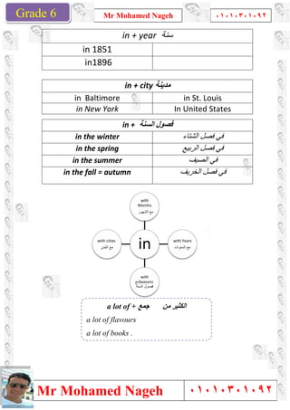 Grade 1
Mr Mohamed Nageh
Mr Mohamed NagehGrade 6
with cities
‫ُدن‬‫ﻣ‬‫اﻟ‬ ‫ﻣﻊ‬
in 1851
in1896
in Baltimore
in New York
in the winter
in the spring
in the summer
in the fall = autumn
a lot of flavours
a lot of books .
Mr Mohamed Nageh ٠١٠١٠٣٠١٠٩٢
Mr Mohamed Nageh
in
with
Months
‫ﻣ‬‫اﻟﺷﮭور‬ ‫ﻊ‬
with Years
‫اﻟﺳﻧوات‬ ‫ﻣﻊ‬
with
Seasons‫ﻣﻊ‬
‫اﻟﺳﻧﺔ‬ ‫ﻓﺻول‬
with cities
‫ُدن‬‫ﻣ‬‫اﻟ‬ ‫ﻣﻊ‬
in + year ‫ﺳﻧﺔ‬
in 1851
in1896
in + city ‫ﻣدﯾﻧﺔ‬
in Baltimore in St. Louis
in New York In United States
in + ‫اﻟﺳﻧﺔ‬ ‫ﻓﺻول‬
in the winter ‫اﻟﺷﺗﺎء‬ ‫ﻓﺻل‬ ‫ﻓﻲ‬
in the spring ‫اﻟرﺑﯾﻊ‬ ‫ﻓﺻل‬ ‫ﻓﻲ‬
in the summer ‫اﻟﺻﯾف‬ ‫ﻓﻲ‬
in the fall = autumn ‫اﻟﺧرﯾف‬ ‫ﻓﺻل‬ ‫ﻓﻲ‬
a lot of + ‫ﺟﻤﻊ‬ ‫ﻣﻦ‬ ‫اﻟﻜﺜﯿﺮ‬
a lot of flavours
a lot of books .
1
٠١٠١٠٣٠١٠٩٢
٠١٠١٠٣٠١٠٩٢
in St. Louis
In United States
‫اﻟﺷﺗﺎء‬ ‫ﻓﺻل‬ ‫ﻓﻲ‬
‫اﻟرﺑﯾﻊ‬ ‫ﻓﺻل‬ ‫ﻓﻲ‬
‫اﻟﺻﯾف‬ ‫ﻓﻲ‬
‫اﻟﺧرﯾف‬ ‫ﻓﺻل‬ ‫ﻓﻲ‬
 