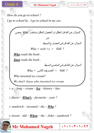 Grade 1
Mr Mohamed Nageh
Mr Mohamed NagehGrade 6
How do you go to school ?
I go to school by . I go to school in my car.
1- a – long – cream –
2- flavor – What's –
3- sandwich – invented
4- invent – did – When
‫ﻧﺴﺘﺨﺪم‬Who‫ﺑﻤﻌﻨﻰ‬
Who + verb +s +
Who reads the book .
Sara reads the book .
Who +
Who invented ice cream?
We don't know who invented ice cream.
Mr Mohamed Nageh ٠١٠١٠٣٠١٠٩٢
Mr Mohamed Nageh
How do you go to school ?
I go to school by . I go to school in my car.
– Ice – history – has .
favourite – your ?
invented – the – Who ?
When – the – John – sandwich ?
‫اﻟﻌﺎﻗﻞ‬ ‫اﻟﻔﺎﻋﻞ‬ ‫ﻋﻦ‬ ‫ﻟﻠﺴﺆال‬‫اﻟﻌﺎﻗﻞ‬ ‫اﻟﻤﻔﻌﻮل‬ ‫او‬‫ﻧﺴﺘﺨﺪم‬
‫ﻣﻦ‬
‫اﻟﺒﺴﯿﻂ‬ ‫اﻟﻤﻀﺎرع‬ ‫ﻓﻰ‬ ‫اﻟﻔﺎﻋﻞ‬ ‫ﻋﻦ‬ ‫اﻟﺴﺆال‬
Who + verb +s + ‫ﺗﻜﻤﻠﺔ‬ ?
reads the book .
reads the book .
‫اﻟﺒﺴﯿﻂ‬ ‫اﻟﻤﺎﺿﻲ‬ ‫ﻓﻰ‬ ‫اﻟﻔﺎﻋﻞ‬ ‫ﻋﻦ‬ ‫اﻟﺴﺆال‬
Who + ‫ا‬‫اﻟﺜﺎﻧﻰ‬ ‫ﻟﺘﺼﺮﯾﻒ‬ + ‫ﺗﻜﻤﻠﺔ‬ ?
Who invented ice cream?
We don't know who invented ice cream.
1
٠١٠١٠٣٠١٠٩٢
٠١٠١٠٣٠١٠٩٢
sandwich ?
‫اﻟﻌﺎﻗﻞ‬ ‫اﻟﻔﺎﻋﻞ‬ ‫ﻋﻦ‬ ‫ﻟﻠﺴﺆال‬
‫اﻟﺒﺴﯿﻂ‬ ‫اﻟﻤﻀﺎرع‬ ‫ﻓﻰ‬ ‫اﻟﻔﺎﻋﻞ‬ ‫ﻋﻦ‬ ‫اﻟﺴﺆال‬
‫اﻟﺒﺴﯿﻂ‬ ‫اﻟﻤﺎﺿﻲ‬ ‫ﻓﻰ‬ ‫اﻟﻔﺎﻋﻞ‬ ‫ﻋﻦ‬ ‫اﻟﺴﺆال‬
?
 