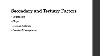 Secondary and Tertiary Factors
• Vegetation
• Slope
• Human Activity
• Coastal Management
 