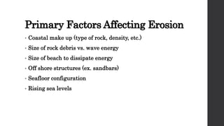 Primary Factors Affecting Erosion
• Coastal make up (type of rock, density, etc.)
• Size of rock debris vs. wave energy
• Size of beach to dissipate energy
• Off shore structures (ex. sandbars)
• Seafloor configuration
• Rising sea levels
 
