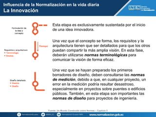 Fuente: Un Mundo Construido sobre Normas – Capítulo 5
Esta etapa es exclusivamente sustentada por el inicio
de una idea innovadora.
Una vez que el concepto se forma, los requisitos y la
arquitectura tienen que ser detallados para que los otros
puedan compartir la más amplia visión. En esta fase,
deberán utilizarse normas terminológicas para
comunicar la visión de forma eficaz.
Una vez que se hayan preparado los primeros
borradores de diseño, deben consultarse las normas
de medición, debido a que, en cualquier proyecto, un
error en la medición podría resultar desastroso,
especialmente en proyectos sobre puentes o edificios
públicos. También, en esta etapa son importantes las
normas de diseño para proyectos de ingeniería.
Influencia de la Normalización en la vida diaria
La Innovación
 