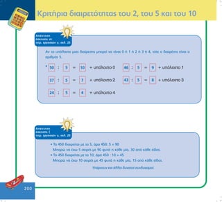 200
ÁðÜíôçóç
Üóêçóçò æ
ôåôñ. åñãáóéþí ã, óåë. 23
ÊñéôÞñéá äéáéñåôüôçôáò ôïõ 2, ôïõ 5 êáé ôïõ 10
Áí ôï õðüëïéðï ìéáò äéáßñåóçò ìðïñåß íá åßíáé 0 Þ 1 Þ 2 Þ 3 Þ 4, ôüôå ï äéáéñÝôçò åßíáé ï
áñéèìüò 5.
•
ÁðÜíôçóç
Üóêçóçò óô
ôåôñ. åñãáóéþí ã, óåë. 23
• To 450 äéáéñåßôáé ìå ôï 5, Üñá 450: 5 = 90
Ìðïñþ íá Ý÷ù 5 óåéñÝò ìå 90 öõôÜ ç êÜèå ìßá, 30 áðü êÜèå åßäïò.
• Ôï 450 äéáéñåßôáé ìå ôï 10, Üñá 450 : 10 = 45
Ìðïñþ íá Ý÷ù 10 óåéñÝò ìå 45 öõôÜ ç êÜèå ìßá, 15 áðü êÜèå åßäïò.
ÕðÜñ÷ïõí êáé Üëëïé äõíáôïß óõíäõáóìïß.
 