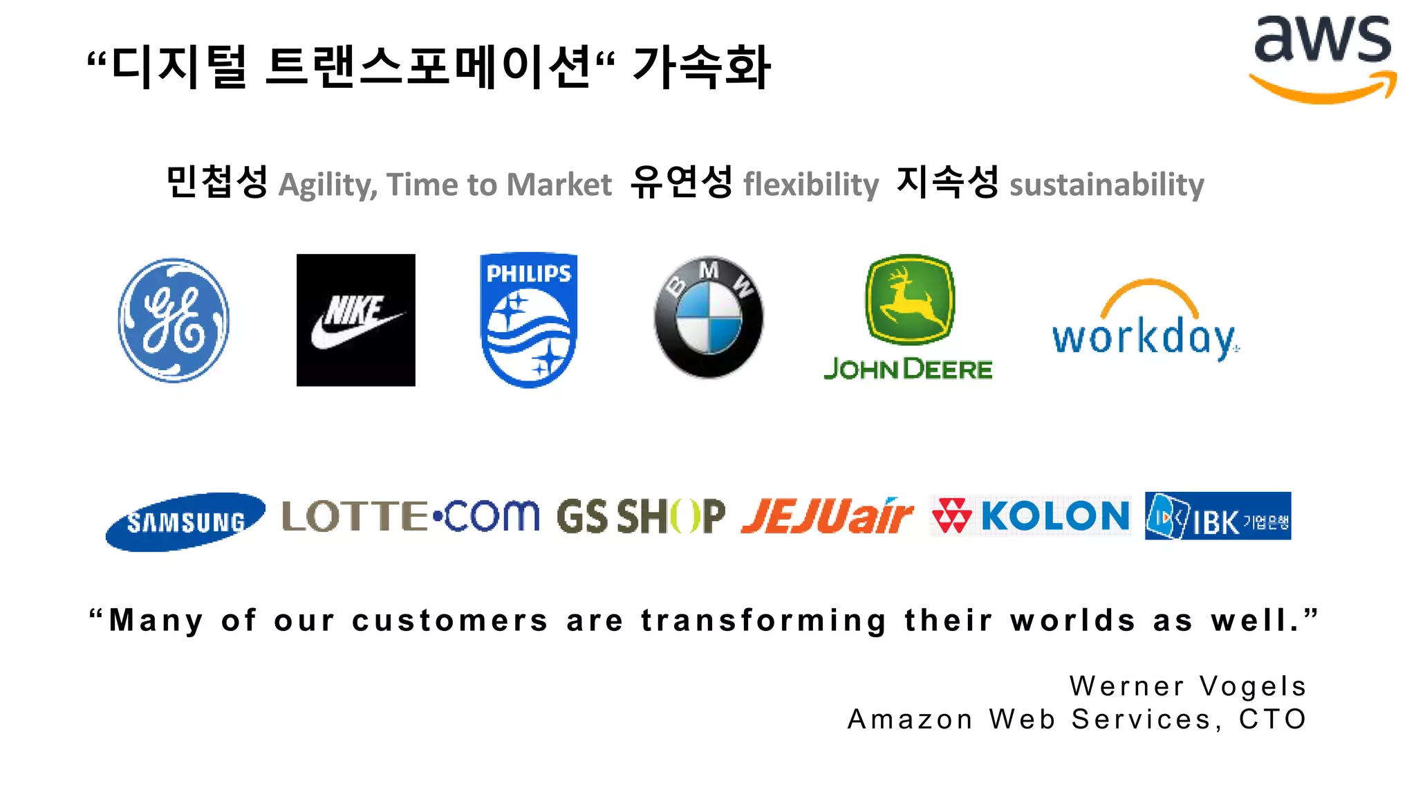 “디지털 트랜스포메이션“ 가속화
민첩성 Agility, Time to Market 유연성 flexibility 지속성 sustainability
“ M any of our customer s ar e tr ansfor ming their w or lds as w ell.”
W e r n e r Vo g e l s
A m a z o n W e b S e r v i c e s , C TO
 