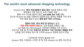 The world’s most advanced shopping technology
Amazon Go는 체크 아웃(결재)이 필요 없는 새로운 종류의 상점.
세계에서 가장 진보 된 쇼핑 기술을 개발.
줄을 서서 기다릴 필요가 없는 Just Walk Out 쇼핑 경험
단순히 Amazon Go 앱을 사용하여 상점에 입장, 원하는 제품을 가져 와서
바로 줄설 필요가 없고 결재 없이 바로 나가는Go.
컴퓨터 비전, 센서 퓨전 및 딥러닝과 같은
자율 주행 차량에 사용되는 것과 동일한 유형의 기술
Just Walk Out Technology는 선반에서 제품을 가져 오거나
선반으로 반품 할 때 이를 자동으로 감지하고 가상 카트에서 제품을 추적.
쇼핑을 마친 후에는 잠시 후 고객의 Amazon 계정에 청구서 전송.
시작하려면 무엇이 필요합니까?
Amazon 계정, 지원되는 스마트 폰 및 무료 Amazon Go 앱만 있으면 됨
 