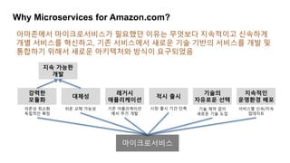 Why Microservices for Amazon.com?
아마존에서 마이크로서비스가 필요했던 이유는 무엇보다 지속적이고 신속하게
개별 서비스를 혁신하고, 기존 서비스에서 새로운 기술 기반의 서비스를 개발 및
통합하기 위해서 새로운 아키텍처와 방식이 요구되었음
강력한
모듈화
의존성 최소화
독립적인 확장
대체성
쉬운 교체 가능성
레거시
애플리케이션
기존 어플리케이션
에서 추가 개발
기술의
자유로운 선택
기술 제약 없이
새로운 기술 도입
지속적인
운영환경 배포
서비스별 신속/지속
업데이트
지속 가능한
개발
마이크로서비스
적시 출시
시장 출시 기간 단축
 