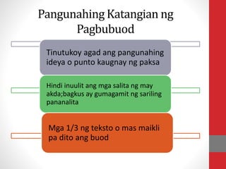 Pangunahing Katangian ng
Pagbubuod
Tinutukoy agad ang pangunahing
ideya o punto kaugnay ng paksa
Hindi inuulit ang mga salita ng may
akda;bagkus ay gumagamit ng sariling
pananalita
Mga 1/3 ng teksto o mas maikli
pa dito ang buod
 