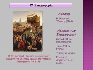O St-Bernard (Bernard de Clairvaux)
κηρύσσει τη 2η σταυροφορία στο Velezay
(Bourgogne) το 1146
2η Σταυροφορία
- Aφορμή:
Η άλωση της
Έδεσσας (1144)
-Αρχηγοί των
Σταυροφόρων:
Conrad III de
Hohenstaufen
Louis VII de
France
Thierry d' Alsace
Etienne d'
Angletterre και
άλλοι...
 