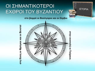 ΟΙ ΣΗΜΑΝΤΙΚΟΤΕΡΟΙ
ΕΧΘΡΟΙ ΤΟΥ ΒΥΖΑΝΤΙΟΥ
στηνανατολήοιΤούρκοι.
στο βορρά οι Βούλγαροι και οι Σέρβοι
στηδύσηοιΦράγκοικαιοιΒενετοί
 