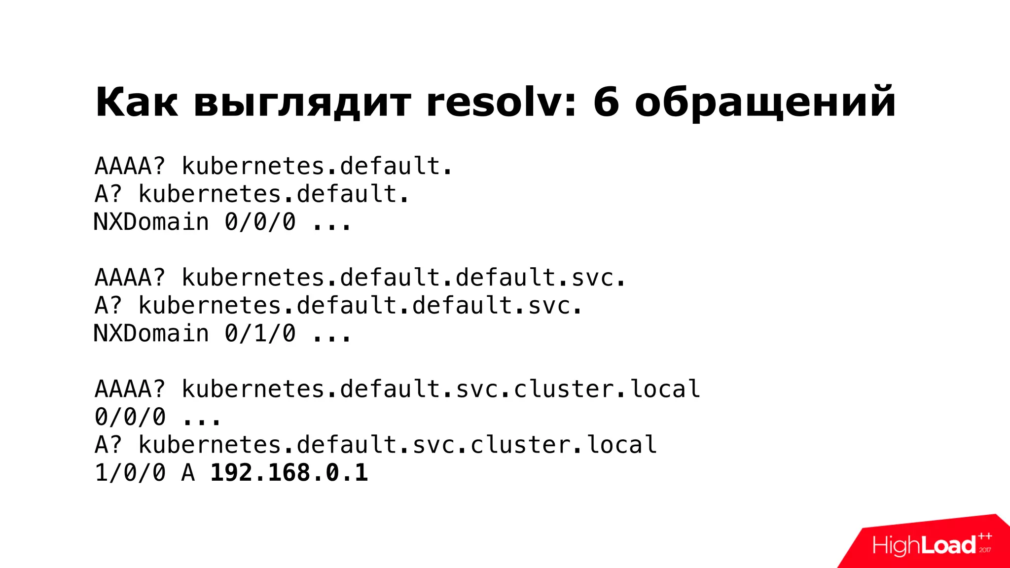 Как выглядит resolv: 6 обращений
AAAA? kubernetes.default.
A? kubernetes.default.
NXDomain 0/0/0 ...
AAAA? kubernetes.default.default.svc.
A? kubernetes.default.default.svc.
NXDomain 0/1/0 ...
AAAA? kubernetes.default.svc.cluster.local
0/0/0 ...
A? kubernetes.default.svc.cluster.local
1/0/0 A 192.168.0.1
 