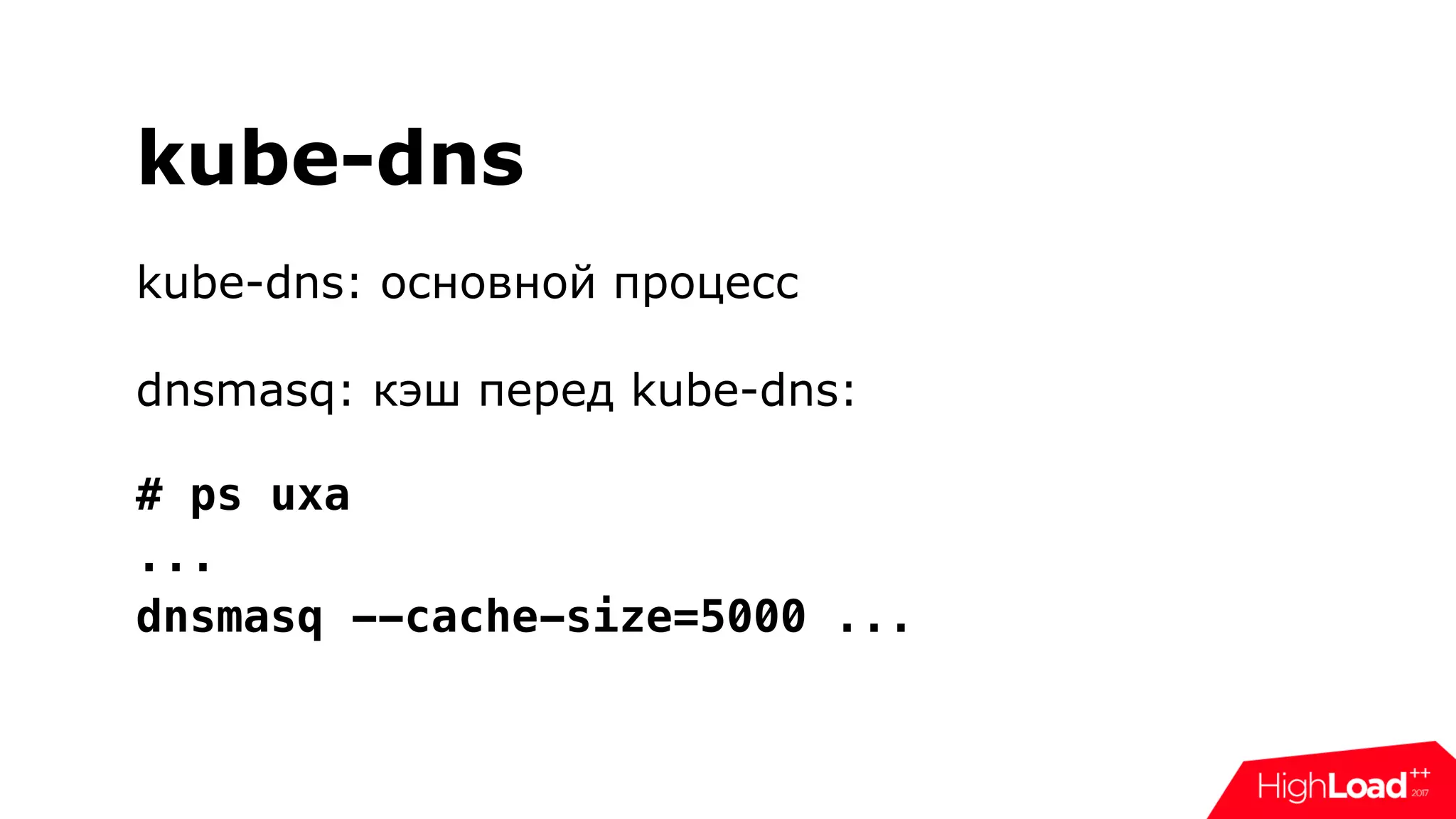 kube-dns
kube-dns: основной процесс
dnsmasq: кэш перед kube-dns:
 
# ps uxa
...
dnsmasq --cache-size=5000 ...
 
