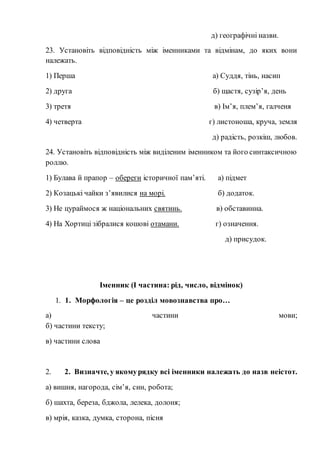 д) географічні назви.
23. Установіть відповідність між іменниками та відмінам, до яких вони
належать.
1) Перша а) Суддя, тінь, насип
2) друга б) щастя, сузір’я, день
3) третя в) Ім’я, плем’я, галченя
4) четверта г) листоноша, круча, земля
д) радість, розкіш, любов.
24. Установіть відповідність між виділеним іменником та його синтаксичною
роллю.
1) Булава й прапор – обереги історичної пам’яті. а) підмет
2) Козацькі чайки з’явилися на морі. б) додаток.
3) Не цураймося ж національних святинь. в) обставинна.
4) На Хортиці зібралися кошові отамани. г) означення.
д) присудок.
Іменник (І частина: рід, число, відмінок)
1. 1. Морфологія – це розділ мовознавства про…
а) частини мови;
б) частини тексту;
в) частини слова
2. 2. Визначте, у якомурядку всі іменники належать до назв неістот.
а) вишня, нагорода, сім’я, син, робота;
б) шахта, береза, бджола, лелека, долоня;
в) мрія, казка, думка, сторона, пісня
 