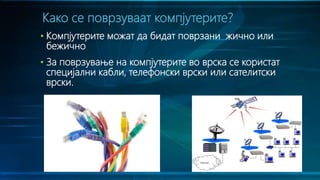 • Компјутерите можат да бидат поврзани жично или
бежично
• За поврзување на компјутерите во врска се користат
специјални кабли, телефонски врски или сателитски
врски.
Како се поврзуваат компјутерите?
 