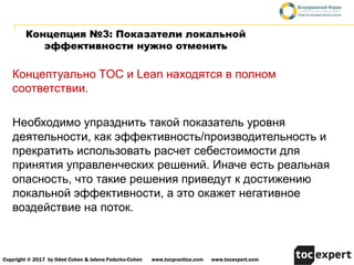Copyright © 2017 by Oded Cohen & Jelena Fedurko-Cohen www,tocpractice.com www,tocexpert.com
Концепция №3: Показатели локальной
эффективности нужно отменить
Концептуально TOC и Lean находятся в полном
соответствии.
Необходимо упразднить такой показатель уровня
деятельности, как эффективность/производительность и
прекратить использовать расчет себестоимости для
принятия управленческих решений. Иначе есть реальная
опасность, что такие решения приведут к достижению
локальной эффективности, а это окажет негативное
воздействие на поток.
 