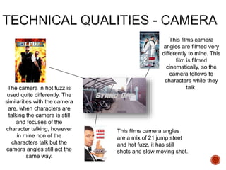 The camera in hot fuzz is
used quite differently. The
similarities with the camera
are, when characters are
talking the camera is still
and focuses of the
character talking, however
in mine non of the
characters talk but the
camera angles still act the
same way.
This films camera
angles are filmed very
differently to mine. This
film is filmed
cinematically, so the
camera follows to
characters while they
talk.
This films camera angles
are a mix of 21 jump steet
and hot fuzz, it has still
shots and slow moving shot.
 