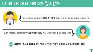1.1 왜 바이트의 서비스가 필요한가
매번 제가 하려고 하는 걸 해본 사람을 찾는게 일이에요…못 찾아서 결국에는 포기하는 경우도 많구요
그래서 인터넷에서 찾아보려고 하면 믿을 수 있는 정보인지 의심이 많이 되는 것 같아요 어쩔 수 없이
살아있는 정보를 얻을 수 있는 믿을 수 있고, 편리한 종합 지식 공유 플랫폼이 필요
9
 