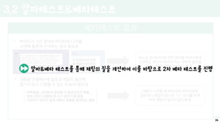 베타테스트 결과
• 바이티가 가진 정보와 바이터의 니즈를
사전에 충분히 인지하는 것의 필요성
• 대화를 진행하는데 질문과 대답이 중간에
끊기지 않고 진행될 수 있는 Rule의 필요성
테스트 전 바이티에 관한 정보를 바이터에게
고지하고 본인이 하고자 하는 대략적 질문을
미리 바이티에게 전달하도록 함
대화가 시작할 때 바이티와 바이터에게
질문이나 대답이 끝나면 “//” 표시를 하게
하여 채팅이 끊기지 않도록 함
알바&베타 테스트를 통해 채팅의 질을 개선하여 이를 바탕으로 2차 베타 테스트를 진행
3.2 알파테스트&베타테스트
34
 
