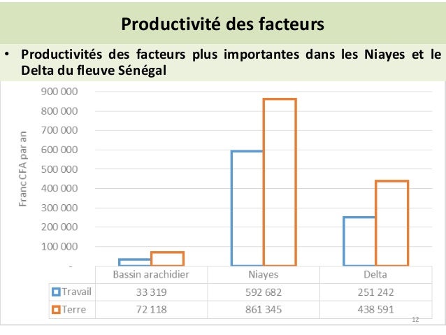 Productivité des facteurs
• Productivités des facteurs plus importantes dans les Niayes et le
Delta du fleuve Sénégal
12
 