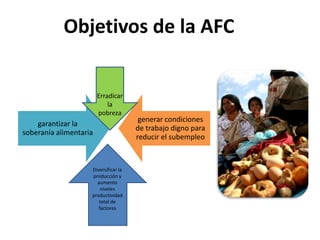 garantizar la
soberanía alimentaria
generar condiciones
de trabajo digno para
reducir el subempleo
Diversificar la
producción y
aumento
niveles
productividad
total de
factores
Erradicar
la
pobreza
Objetivos de la AFC
 