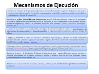 Impulsar el aumento de la productividad total de factores, la transición progresiva de patrones productivos
convencionales afirmados en la “revolución verde, a prácticas sustentables basadas en principios agroecológicos
en los diferentes sistemas de producción.
Contribuir al a Gran Minga Nacional Agropecuaria a través de la diversificación productiva, la sustitución
selectiva de importaciones y mecanismos locales de agregación de valor, ampliando y fortaleciendo los sistemas
solidarios campesinos y rurales, y la estructura productiva rural (artesanía, turismo comunitario, acuacultura,
servicios, etc..)
Ampliar la innovación y la transferencia tecnológica, la experimentación, el acceso al conocimiento y la
información, el interaprendizaje, el desarrollo científico, la capacitación, la formación de talentos, dialogo de
saberes
Ampliar y fortalecer la oferta de productos campesinos agroecológicos, fortalecer las redes comerciales
asociativas locales, los marcos regulatorios de calidad y registro, diversificar y sostener la vinculación comercial de
la AFC a los mercados internos y externos.
Ampliar y fortalecer la infraestructura productiva: bioinsumos, vialidad, riego, conectividad, ferias locales, centros
de acopio, oferta de servicios, crédito, organización empresarial, gestión asociativa, entre otros.
Incentivar el acceso y la distribución de factores (capital, tierra, agua y trabajo), buscando asegurar una justa y
solidaria redistribución de la riqueza, promover y ampliar el acceso a redes de servicios financieros rurales
(crédito, sistemas de ahorro, seguros, etc.)
Promover la asociatividad, las economías solidarias, clústers y los encadenamientos productivos territoriales
incluyentes.
Mecanismos de Ejecución
 