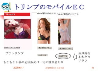 トリンプのモバイルＥＣ




プチトリンプ                      画期的な
                            おねだり
                            ボタン
もともと下着の通信販売は一定の購買層あり
   2009/6/17   高度情報化と社会生活          46
 