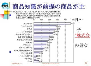 商品知識が前提の商品が主
   サンプル数      ：300
    調査期間       ：2007年07月13日～
    2007年07月16日
    調査方法       ：モバイルリサーチ
    調査機関       ：ネットエイジア株式会
    社
    対象者        ：18歳から49歳の男女




    2009/6/17   高度情報化と社会生活   50
 
