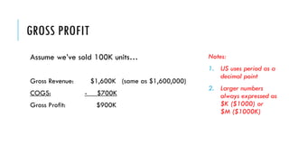 GROSS PROFIT
Assume we’ve sold 100K units…
Gross Revenue: $1,600K (same as $1,600,000)
COGS: - $700K
Gross Profit: $900K
Notes:
1. US uses period as a
decimal point
2. Larger numbers
always expressed as
$K ($1000) or
$M ($1000K)
 