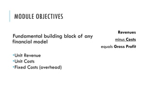MODULE OBJECTIVES
Revenues
minus Costs
equals Gross Profit
Fundamental building block of any
financial model
­Unit Revenue
­Unit Costs
­Fixed Costs (overhead)
 