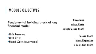 MODULE OBJECTIVES
Gross Profit
minus Expenses
equals Net Profit
Revenues
minus Costs
equals Gross Profit
Fundamental building block of any
financial model
­Unit Revenue
­Unit Costs
­Fixed Costs (overhead)
 