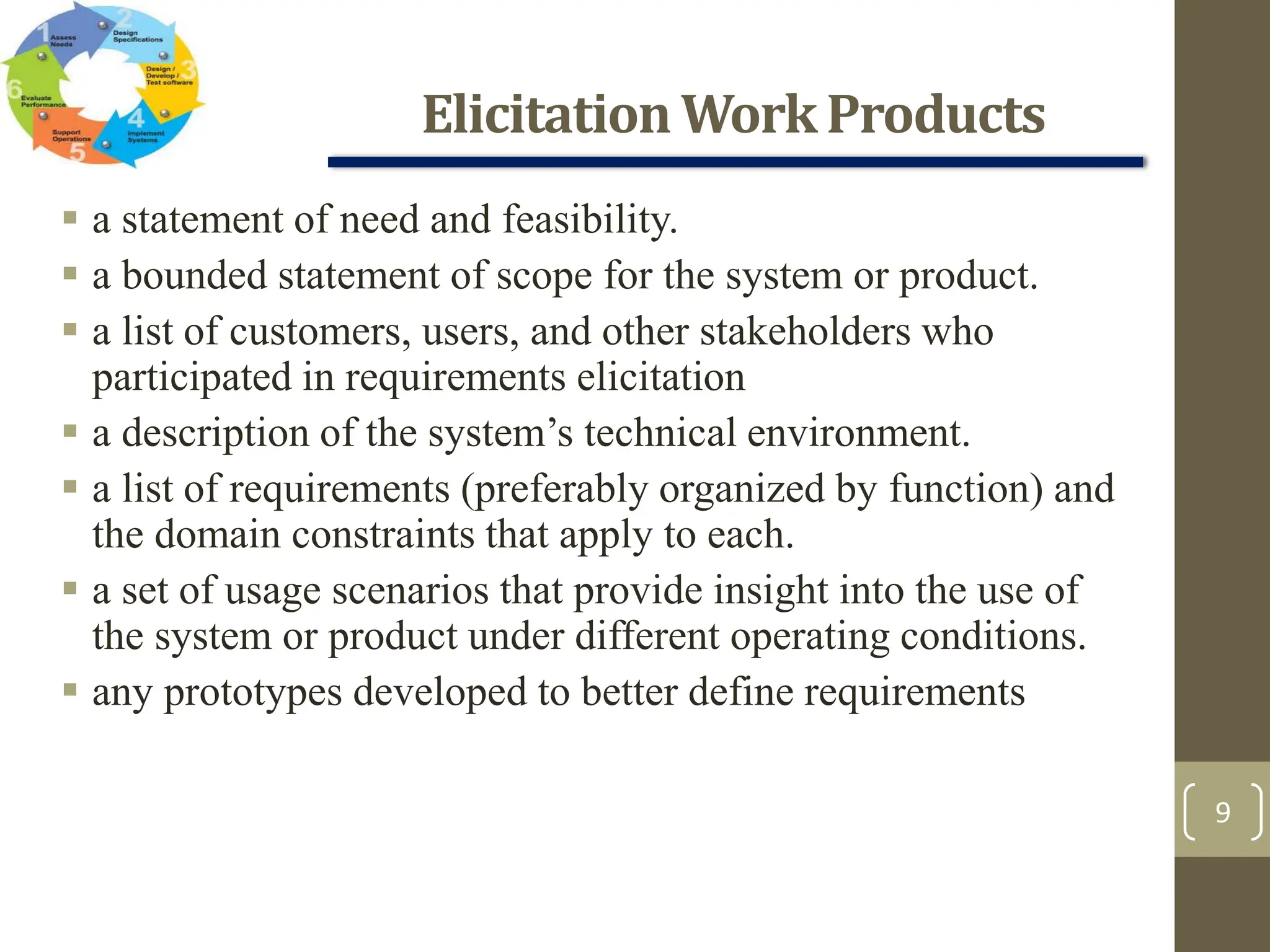 ElicitationWorkProducts
9
 a statement of need and feasibility.
 a bounded statement of scope for the system or product.
 a list of customers, users, and other stakeholders who
participated in requirements elicitation
 a description of the system’s technical environment.
 a list of requirements (preferably organized by function) and
the domain constraints that apply to each.
 a set of usage scenarios that provide insight into the use of
the system or product under different operating conditions.
 any prototypes developed to better define requirements
 