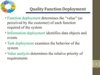 QualityFunction Deployment
8
 Function deployment determines the “value” (as
perceived by the customer) of each function
required of the system
 Information deployment identifies data objects and
events
 Task deployment examines the behavior of the
system
 Value analysis determines the relative priority of
requirements
 