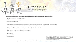 Identifiquemos algunos factores de riesgo que pueden llevar al abandono de los estudios.
1. Objetivos o metas no establecidos
2. Economía insuficiente
3. Dificultades de adaptación por la transición de la escuela previa a las exigencias de la universidad.
4. "No encajar" falta de congruencia entre el estudiante y la institución. 
5. Dificultades académicas ( hábitos de estudio ) 
6. Aprendizaje.
7. Compromiso.
http://www.scielo.org.mx/scielo.php?pid=S0185-26982011000500010&script=sci_arttext&tlng=en Lectura para el tutor sobre los puntos mencionados arriba :
Silva Laya, Marisol. (2011). El primer año universitario: Un tramo crítico para el éxito
académico. Perfiles educativos, 33(spe), 102-114. Recuperado en 24 de octubre de
2017, de http://www.scielo.org.mx/scielo.php?script=sci_arttext&pid=S0185-
26982011000500010&lng=es&tlng=en.
Tutoría Inicial
curso 2 sin proyecto-opcional 
 