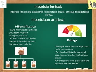 Inbertsio funtsak
Inbertsio finkoak eta aldakorrak konbinatzen dituzte, arriskua txikiagotzeko
asmoz.
Inbertsioen arriskua
Dibertsifikazioa
•Gure inbertsioaren arriskua
gutxitzeko modurik
eranginkorrena da.
•Arrisku maila ezberdineko
hainbat inbertsio-planetan
banatzea esan nahi du.
Ratinga
•Ratingak inbertsioaren segurtasun
maila neurtzen du.
•Arriskua kalifikatzeko agentziek
segurtasun maila hori kalkulatzen
dituzte.
•Errentagarritasuna eta kaudimena
kontuan hartzen dituzte
 