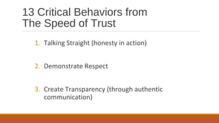 1. Talking Straight (honesty in action)
2. Demonstrate Respect
3. Create Transparency (through authentic
communication)
13 Critical Behaviors from
The Speed of Trust
 