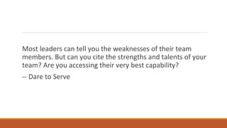 Most leaders can tell you the weaknesses of their team
members. But can you cite the strengths and talents of your
team? Are you accessing their very best capability?
-- Dare to Serve
 