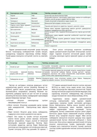 65ЗӨВЛӨМЖ
№ Бүрэлдэхүүн хэсэг Англиар Тайлбар, анхаарах зүйл
1 Гарчиг Title Оновчтой, аль болох богино байх
2 Хураангуй Abstract
Өгүүллийн агуулгыг товчлохдоо судалгааны ажлын ач холбогдол,
зорилго, хүссэн үр дүнг заавал бичсэн байх
3 Түлхүүр үг Key word Тухайн өгүүллийг илэрхийлж чадах онцлог үгс
4 Удиртгал буюу оршил Introduction Дэвшүүлж буй асуудал, онолын хэсэг
5
Үндсэн хэсэг буюу туршилт,
судалгааны хэсэг
Experimental Туршиж дэлгэрүүлсэн судалгаа, туршилт, шинэлэг санаа
6 Арга аргачлал Methods
Өмнөх ижил төрлийн судалгаанд хийсэн дүгнэлт, дэвшүүлсэн
асуудлыг шийдвэрлэсэн арга аргачлал
7 Үр дүн, Дүгнэлт Result
Ажлын үр дүнг товч, тодорхой бичих,үр дүнгээс гарсан дүгнэлтийг
бичнэ
8 Хэлэлцүүлэг Disscussion
Судлаачдын дунд өөрийн ажилтай холбоотой нээлттэй сэдэв
гаргаж болно
9 Талархал Acknowledgments
Уг ажлыг хийхэд тусалж дэмжсэн хүмүүс болон байгууллагыг
бичиж болно
10 Ашигласан материал References
Өгүүллийг бичихэд ашигласан бүтээлүүдийг стандартын дагуу
бичнэ
11 Хавсралт Annex Нэмэлт мэдээлэл
Эрдэм шинжилгээний өгүүллийг дээрх бүтцээр
бичсэн тохиолдолд хэлбэржилтийг тухайн нөхцөл,
шаардлагад тааруулан өөрчлөхөд хялбар байдаг.
Үүний дараа хэвлүүлэх сэтгүүлийг сонгох нь хамгийн
чухал.
Олон улсын сэтгүүлүүд ихэвчлэн онлайнаар
эрдэм шинжилгээний өгүүллийг (manuscript) хүлээн
авдаг. Судлаач өгүүллээ илгээсний дараа тухайн
сэтгүүлд хэвлэгдэх хүртэл ерөнхий гурван үе шаттай
байдаг.
№ Үе шатууд Англиар Тайлбар, анхаарах зүйл
1 Эхний үе шат Admin checklist
Сэтгүүлийн техникийн ажилтан өгүүллийн хэлбэржилтийг тухайн
шаардлагын дагуу шалгана.
2
Сэтгүүлийн ерөнхий
редакц хийх үе шат
Awaiting Reviewer
Selection
Сэтгүүлийн ерөнхий редактор өгүүллийг агуулга, чанар болон тухайн
сэтгүүлийн чиглэлтэй нийцэж байгаа эсэхэд дүгнэлт гаргана.
Шаардлага хангасан гэж үзвэл хөндлөнгийн, мэргэжлийн шүүмж
(peer review) хийх судлаачид шилжүүлнэ.
3 Сайжруулах үе шат
Complete Meeting
Checklist
Шүүмжлэгчдээс таны өгүүлэлд шүүмж өгсөн байна. Хариуцсан
редактор өөрийн саналыг тусган боловсруулна.
Эдгээр үе шатуудын хооронд редакцын зүгээс
шүүмжлэгчид урилга илгээх (Awaiting Reviewer In-
vitation), урилга авсан шүүмжлэгчид шүүмж бичих
боломжтойгоо илэрхийлэх (Awaiting Reviewer As-
signment), шийдвэр гаргах үе шат гэх мэт үе шатууд
(Awaiting SE Decision) байна. Шийдвэрийг ерөнхийдөө
дараах байдлаар гаргадаг. Үүнд:
•	Accept:  Өгүүлэл хэвлэгдэхээр хүлээн
зөвшөөрөгдлөө гэсэн үг.
•	Minor revision:  Өгүүлэлд шүүмжийн дагуу засвар
хийх шаардлагатай. Хэвлүүлэхэд маш ойрхон
байна.
•	Major revision:  Өгүүлэл дээр засах, сайжруулах,
тодруулах олон санал шүүмжлэгчээс ирсэн.
•	Reject:  Энэ хариу нь тухайн сэтгүүл өгүүллийг
хэвлэх болон дахин хүлээн авахаас татгалзаж
байгааг илэрхийлнэ. Гэхдээ Journal of Advanced
Nursing-ийн ерөнхий редактор, Nursing Open
сэтгүүлийн редактор, доктор Roger Watson-ийн
хэлснээр энэ тохиолдолд ч сэтгэлээр унах хэрэггүй.
Түүний сэтгүүлд 2014 онд дэлхийн 55 орноос 1
110 эрдэм шинжилгээний өгүүлэл хүлээн авснаас
80.5%-д нь  reject  гэсэн хариу өгсөн гэнэ. Бусад
сайн сэтгүүлүүд бас ойролцоо үзүүлэлттэй. Гэхдээ
яагаад татгалзсан үндэслэлээ бичиж явуулдаг учир
судлаачид өгүүллээ сайжруулаад өөр сэтгүүлд
хандах боломжтой гэжээ (Жавхланбаяр, 2016).
Судалгааны ажлаа эрдэм шинжилгээний
сэтгүүлд хэвлүүлэхийн тулд судлаач өөрийн
судалгааны санаагаа тухайн чиглэлийн дотоодын
болон байгууллагын ЭШХ-д ханын (poster) илтгэл
байдлаар хэлэлцүүлж, ижил төрлийн судалгаа
хийдэг судлаачдаас санал шүүмжийг тусган
сайжруулж, богино хэмжээний өгүүлэл (short paper)
болгосны дараа бүрэн хэмжээний өгүүлэл хэлбэрт
бичвэл илүү чанартай өгүүлэл төрдөг. Мөн ингэж
сайжруулж хэвлүүлсэн өгүүлэл цаашид таны эрдэм
шинжилгээний бүтээл (Doctoral colloquium ) болж
болох юм. Олон улсын эрдэм шинжилгээний сэтгүүлд
өгүүлэл хэвлүүлснээр тухайн судлаачийн хувьд
h-индекс үүсч, хэвлүүлсэн өгүүлэл, түүнийг эшлэсэн
тоогоор тухайн судлаачийн чансааг үнэлэх боломжтой
болдог.
 