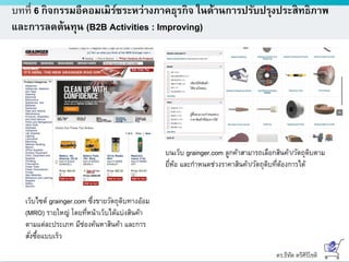 ดร.ธีทัต ตรีศิริโชติ
บทที่ 6 กิจกรรมอีคอมเมิร์ซระหว่างภาคธุรกิจ ในด้านการปรับปรุงประสิทธิภาพ
และการลดต้นทุน (B2B Activities : Improving)
เว็บไซต์ grainger.com ซึ่งขายวัตถุดิบทางอ้อม
(MRO) รายใหญ่ โดยที่หน้าเว็บได้แบ่งสินค้า
ตามแต่ละประเภท มีช่องค้นหาสินค้า และการ
สั่งซื้อแบบเร็ว
บนเว็บ grainger.com ลูกค้าสามารถเลือกสินค้า/วัตถุดิบตาม
ยี่ห้อ และกาหนดช่วงราคาสินค้า/วัตถุดิบที่ต้องการได้
 