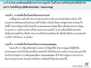 ดร.ธีทัต ตรีศิริโชติ
บทที่ 6 กิจกรรมอีคอมเมิร์ซระหว่างภาคธุรกิจ ในด้านการปรับปรุงประสิทธิภาพ
และการลดต้นทุน (B2B Activities : Improving)
ระยะที่ 3 : การจัดตั้งเป็นเว็บพอร์ทัลอเนกประสงค์
บนพื้นฐานความจริงเกี่ยวกับการทาธุรกรรมกับภาครัฐ ประชาชนล้วนมีความต้องการให้
ระบบสามารถติดต่อแบบข้ามหน่วยงานได้ ดังนั้นภายใต้แนวคิดของ Single Point of Entry จึง
เกิดขึ้น โดยภาครัฐจะก่อตั้งเว็บพอร์ทัล (e-Government Portal) ขึ้นมาเพื่อเป็นแหล่งรวม ข้อมูล
ข่าวสารต่างๆ รวมถึงงานบริการทั้งหลายจะมากองรวมกันไว้ ณ สถานที่แห่งนี้เพียงแห่งเดียว
ดังนั้นประชาชนที่เข้ามาใช้บริการสามารถเข้าถึงเว็บพอร์ทัลแห่งนี้ เพื่อเลือกใช้บริการแบบเบ็ดเสร็จ
ภายใต้การเข้าถึงแบบ ณ จุดเดียว
ระยะที่ 4 : การจัดตั้งเป็นเว็บพอร์ทัลแบบ Personalization
ในระยะที่ 4 ภาครัฐจะเพิ่มระดับความสามารถให้สูงยิ่งขึ้น ด้วยการอนุญาตให้ผู้ใช้หรือ
ประชาชนสามารถเข้าไปปรับแต่งเนื้อหาบนพอร์ทัล ให้เป็นไปตามความต้องการของแต่ละบุคคลได้
สาหรับประโยชน์จากการเพิ่มคุณสมบัติของ Personalization นี้ ทาให้ภาครัฐสามารถอ่านความ
ต้องการของประชาชน โดยเฉพาะในเรื่องความพึงพอใจได้ถูกต้องแม่นยาขึ้น
 