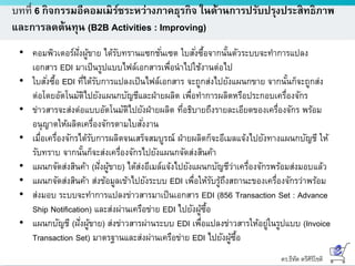 ดร.ธีทัต ตรีศิริโชติ
บทที่ 6 กิจกรรมอีคอมเมิร์ซระหว่างภาคธุรกิจ ในด้านการปรับปรุงประสิทธิภาพ
และการลดต้นทุน (B2B Activities : Improving)
• คอมพิวเตอร์ฝั่งผู้ขาย ได้รับทรานแซกชั่นเซต ใบสั่งซื้อจากนั้นตัวระบบจะทาการแปลง
เอกสาร EDI มาเป็นรูปแบบไฟล์เอกสารเพื่อนาไปใช้งานต่อไป
• ใบสั่งซื้อ EDI ที่ได้รับการแปลงเป็นไฟล์เอกสาร จะถูกส่งไปยังแผนกขาย จากนั้นก็จะถูกส่ง
ต่อโดยอัตโนมัติไปยังแผนกบัญชีและฝ่ายผลิต เพื่อทาการผลิตหรือประกอบเครื่องจักร
• ข่าวสารจะส่งต่อแบบอัตโนมัติไปยังฝ่ายผลิต ที่อธิบายถึงรายละเอียดของเครื่องจักร พร้อม
อนุญาตให้ผลิตเครื่องจักรตามใบสั่งงาน
• เมื่อเครื่องจักรได้รับการผลิตจนเสร็จสมบูรณ์ ฝ่ายผลิตก็จะอีเมลแจ้งไปยังทางแผนกบัญชี ให้
รับทราบ จากนั้นก็จะส่งเครื่องจักรไปยังแผนกจัดส่งสินค้า
• แผนกจัดส่งสินค้า (ฝั่งผู้ขาย) ได้ส่งอีเมล์แจ้งไปยังแผนกบัญชีว่าเครื่องจักรพร้อมส่งมอบแล้ว
• แผนกจัดส่งสินค้า ส่งข้อมูลเข้าไปยังระบบ EDI เพื่อให้รับรู้ถึงสถานะของเครื่องจักรว่าพร้อม
• ส่งมอบ ระบบจะทาการแปลงข่าวสารมาเป็นเอกสาร EDI (856 Transaction Set : Advance
Ship Notification) และส่งผ่านเครือข่าย EDI ไปยังผู้ซื้อ
• แผนกบัญชี (ฝั่งผู้ขาย) ส่งข่าวสารผ่านระบบ EDI เพื่อแปลงข่าวสารให้อยู่ในรูปแบบ (Invoice
Transaction Set) มาตรฐานและส่งผ่านเครือข่าย EDI ไปยังผู้ซื้อ
 