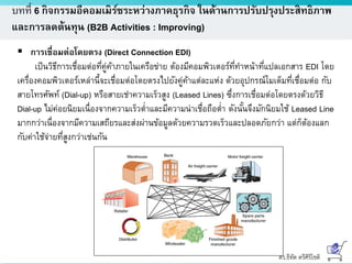 ดร.ธีทัต ตรีศิริโชติ
บทที่ 6 กิจกรรมอีคอมเมิร์ซระหว่างภาคธุรกิจ ในด้านการปรับปรุงประสิทธิภาพ
และการลดต้นทุน (B2B Activities : Improving)
 การเชื่อมต่อโดยตรง (Direct Connection EDI)
เป็นวิธีการเชื่อมต่อที่คู่ค้าภายในเครือข่าย ต้องมีคอมพิวเตอร์ที่ทาหน้าที่แปลเอกสาร EDI โดย
เครื่องคอมพิวเตอร์เหล่านี้จะเชื่อมต่อโดยตรงไปยังคู่ค้าแต่ละแห่ง ด้วยอุปกรณ์โมเด็มที่เชื่อมต่อ กับ
สายโทรศัพท์ (Dial-up) หรือสายเช่าความเร็วสูง (Leased Lines) ซึ่งการเชื่อมต่อโดยตรงด้วยวิธี
Dial-up ไม่ค่อยนิยมเนื่องจากความเร็วต่าและมีความน่าเชื่อถือต่า ดังนั้นจึงมักนิยมใช้ Leased Line
มากกว่าเนื่องจากมีความเสถียรและส่งผ่านข้อมูลด้วยความรวดเร็วและปลอดภัยกว่า แต่ก็ต้องแลก
กับค่าใช้จ่ายที่สูงกว่าเช่นกัน
 