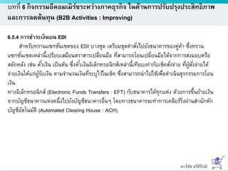 ดร.ธีทัต ตรีศิริโชติ
บทที่ 6 กิจกรรมอีคอมเมิร์ซระหว่างภาคธุรกิจ ในด้านการปรับปรุงประสิทธิภาพ
และการลดต้นทุน (B2B Activities : Improving)
6.5.4 การชาระเงินบน EDI
สาหรับทรานแซกชั่นเซตของ EDI บางชุด เตรียมชุดคาสั่งไปยังธนาคารของคู่ค้า ซึ่งทราน
แซกชั่นเซตเหล่านี้เปรียบเสมือนตราสารเปลี่ยนมือ ที่สามารถโอนเปลี่ยนมือได้จากการส่งมอบหรือ
สลักหลัง เช่น ตั๋วเงิน เป็นต้น ซึ่งตั๋วเงินอิเล็กทรอนิกส์เหล่านี้เทียบเท่ากับเช็คสั่งจ่าย ที่ผู้สั่งจ่ายได้
จ่ายเงินให้แก่ผู้รับเงิน ตามจานวนเงินที่ระบุไว้ในเช็ค ซึ่งสามารถนาไปใช้เพื่อดาเนินธุรกรรมการโอน
เงิน
ทางอิเล็กทรอนิกส์ (Electronic Funds Transfers : EFT) กับธนาคารได้ทุกแห่ง ด้วยการขึ้นย้ายเงิน
จากบัญชีธนาคารแห่งหนึ่งไปยังบัญชีธนาคารอื่นๆ โดยทางธนาคารจะทาการเคลียร์ริ่งผ่านสานักหัก
บัญชีอัตโนมัติ (Automated Clearing House : ACH)
 