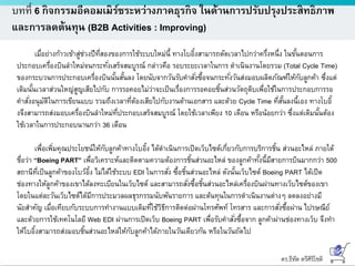 ดร.ธีทัต ตรีศิริโชติ
บทที่ 6 กิจกรรมอีคอมเมิร์ซระหว่างภาคธุรกิจ ในด้านการปรับปรุงประสิทธิภาพ
และการลดต้นทุน (B2B Activities : Improving)
เมื่อย่างก้าวเข้าสู่ช่วงปีที่สองของการใช้ระบบใหม่นี้ ทางโบอิ้งสามารถตัดเวลาไปกว่าครึ่งหนึ่ง ในขั้นตอนการ
ประกอบเครื่องบินลาใหม่จนกระทั่งเสร็จสมบูรณ์ กล่าวคือ รอบระยะเวลาในการ ดาเนินงานโดยรวม (Total Cycle Time)
ของกระบวนการประกอบเครื่องบินนั้นสั้นลง โดยนับจากวันรับคาสั่งซื้อจนกระทั่งวันส่งมอบผลิตภัณฑ์ให้กับลูกค้า ซึ่งแต่
เดิมนั้นเวลาส่วนใหญ่สูญเสียไปกับ การรอคอยไม่ว่าจะเป็นเรื่องการรอคอยชิ้นส่วนวัตถุดิบเพื่อใช้ในการประกอบการรอ
คาสั่งอนุมัติในการเขียนแบบ รวมถึงเวลาที่ต้องเสียไปกับงานด้านเอกสาร และด้วย Cycle Time ที่สั้นลงนี้เอง ทางโบอิ้
งจึงสามารถส่งมอบเครื่องบินลาใหม่ที่ประกอบเสร็จสมบูรณ์ โดยใช้เวลาเพียง 10 เดือน หรือน้อยกว่า ซึ่งแต่เดิมนั้นต้อง
ใช้เวลาในการประกอบนานกว่า 36 เดือน
เพื่อเพิ่มคุณประโยชน์ให้กับลูกค้าทางโบอิ้ง ได้ดาเนินการเปิดเว็บไซต์เกี่ยวกับการบริการชิ้น ส่วนอะไหล่ ภายใต้
ชื่อว่า “Boeing PART” เพื่อวิเคราะห์และติดตามความต้องการชิ้นส่วนอะไหล่ ของลูกค้าทั้งนี้มีสายการบินมากกว่า 500
สถานีที่เป็นลูกค้าของโบว์อิ้ง ไม่ได้ใช้ระบบ EDI ในการสั่ง ซื้อชิ้นส่วนอะไหล่ ดังนั้นเว็บไซต์ Boeing PART ได้เปิด
ช่องทางให้ลูกค้าของเขาได้ลงทะเบียนในเว็บไซต์ และสามารถสั่งซื้อชิ้นส่วนอะไหล่เครื่องบินผ่านทางเว็บไซต์ของเขา
โดยในแต่ละวันเว็บไซต์ได้มีการประมวลผลธุรกรรมนับพันรายการ และต้นทุนในการดาเนินงานต่างๆ ลดลงอย่างมี
นัยสาคัญ เมื่อเทียบกับระบบการทางานแบบเดิมที่ใช้วิธีการติดต่อผ่านโทรศัพท์ โทรสาร และการสั่งซื้อผ่าน ไปรษณีย์
และด้วยการใช้เทคโนโลยี Web EDI ผ่านการเปิดเว็บ Boeing PART เพื่อรับคาสั่งซื้อจาก ลูกค้าผ่านช่องทางเว็บ จึงทา
ให้โบอิ้งสามารถส่งมอบชิ้นส่วนอะไหล่ให้กับลูกค้าได้ภายในวันเดียวกัน หรือในวันถัดไป
 