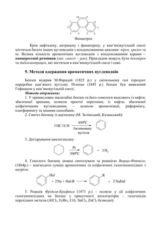 1
2
3 4 5 6
7
8
910
Фенантрен
Крім нафталену, антрацену і фенантрену, у кам’яновугільній смолі
містяться багато інших вуглеводнів з конденсованими циклами: пірен, хризен та
ін. Велика кількість ароматичних вуглеводнів з конденсованими ядрами –
канцерогенні речовини (лат. cancer – рак). Прикладом можуть бути бензпірен
та дибензантрацен, які містяться в кам’яновугільній смолі і сажі.
9. Методи одержання ароматичних вуглеводнів
Бензен відкрив М.Фарадей (1825 р.) у світильному газі (продукт
переробки кам’яного вугілля). Пізніше (1845 р.) бензен був виявлений
Гофманом у кам’яновугільній смолі.
Методи одержання:
1. У промислових масштабах бензен та його гомологи виділяють із нафти,
збагаченої аренами, шляхом простої перегонки; із нафти, збагаченої
аліфатичними вуглеводнями, – шляхом ароматизації, риформінгу,
платформінгу та іншими способами.
2. Синтез бензену із ацетилену (М. Зелінський, Казанський):
CH CH3
450ºС
Активоване
вугілля
3. Дегідрування циклогексану:
+ 3Н2
Pt
300ºС
4. Гомологи бензену можна синтезувати за реакцією Вюрца-Фіттіга,
(1864р.) – взаємодією суміші ароматичних та аліфатичних галогенопохідних з
натрієм:
Hal
Na + Hal-R NaHal
R
+ +2 2
5. Реакція Фріделя-Крафтса (1871 р.) – полягає у дії аліфатичних
галогенопохідних на бензен у присутності каталізаторів – галогенідів
перехідних металів (AlCl3, FeBr3, CrI3, SnCl4, ZnCl2 безводні):
 