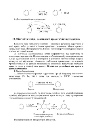 H
R Hal
R
(AlCl3
б/в)
+ HHal
6. Алкілювання бензену алкенами:
H CH CH3
CH3
(AlCl3
б/в)
CH3
CH CH2

10. Фізичні та хімічні властивості ароматичних вуглеводнів
Бензен та його найближчі гомологи – безколірні речовини, нерозчинні у
воді, проте добре розчинні в інших органічних речовинах. Мають густину,
меншу ніж у води. Вогненебезпечні. Бензен - токсична речовина (уражає нирки,
печінку, кістковий мозок).
За хімічними властивостями арени відрізняються від насичених та
ненасичених вуглеводнів. Це пояснюється особливостями будови ароматичного
кільця. Делокалізація шести π-електронів в циклічній системі знижує енергію
молекули, що обумовлює підвищену стабільність ароматичних вуглеводнів.
Арени не схильні до реакцій приєднання та окиснення. Такі реакції проходять
важко та лише у специфічних умовах. Основними реакціями для аренів є
реакції заміщення.
І. Реакції приєднання.
1. Приєднання водню (реакція гідрування). При дії Гідрогену за наявності
каталізатора (Pt, Pd, Ni) і тиску при температурі 110°С утворюється
циклогексан:
H2
/ (Pt, Pd, Ni)+ 3
ЦиклогексанБензен
2. Приєднання галогенів. На сонячному світлі під дією ультрафіолетового
проміння відбувається швидке приєднання трьох молекул хлору з утворенням
гексахлороциклогексану (гексахлорану):
Cl
Cl
Cl
Cl
Cl
ClCl2
,
Cl
ClCl
h+ 3
Гексахлорциклогексан,
гексахлоран, гербіцид
tº
- 3HCI
1,2,3-трихлоробензен
Реакції приєднання не характерні для аренів.
 