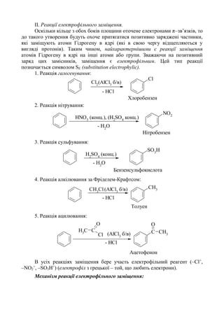 ІІ. Реакції електрофільного заміщення.
Оскільки кільце з обох боків площини оточене електронами π–зв’язків, то
до такого утворення будуть охоче притягатися позитивно заряджені частинки,
які заміщують атоми Гідрогену в ядрі (які в свою чергу відщепляються у
вигляді протонів). Таким чином, найхарактернішими є реакції заміщення
атомів Гідрогену в ядрі на інші атоми або групи. Зважаючи на позитивний
заряд цих замісників, заміщення є електрофільним. Цей тип реакції
позначається символом SЕ (substitution electrophylic).
1. Реакція галогенування:
Cl
(AlCl3
б/в)Cl2
- HCl
Хлоробензен
2. Реакція нітрування:
NO2
HNO3
(конц.), (H2
SO4
конц.)
- H2
O
Нітробензен
3. Реакція сульфування:
SO3
H
H2
SO4
(конц.)
- H2
O
Бензенсульфокислота
4. Реакція алкілювання за Фріделем-Крафтсом:
CH3(AlCl3
б/в)CH3
Cl
- HCl
Толуен
5. Реакція ацилювання:
C CH3
O
(AlCl3
б/в)
CH3
C
Cl
O
- HCl
Ацетофенон
В усіх реакціях заміщення бере участь електрофільний реагент (–Сl+
,
–NO2
+
, –SO3H+
) (електрофіл з грецької – той, що любить електрони).
Механізм реакції електрофільного заміщення:
 