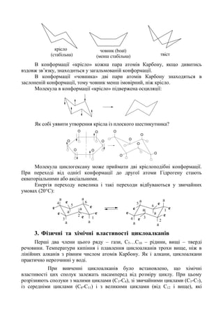 крісло
(стабільна)
човник (boat)
(менш стабільна) твіст
В конформації «крісло» кожна пара атомів Карбону, якщо дивитись
вздовж зв’язку, знаходиться у загальмованій конформації.
В конформації «човника» дві пари атомів Карбону знаходяться в
заслоненій конформації, тому човник менш імовірний, ніж крісло.
Молекула в конформації «крісло» підвержена осциляції:
Як собі уявити утворення крісла із плоского шестикутника?
О О
О
ОО
О
О
О
О
О
О
О
Молекула циклогексану може приймати дві кріслоподібні конформації.
При переході від однієї конформації до другої атоми Гідрогену стають
екваторіальними або аксіальними.
Енергія переходу невелика і такі переходи відбуваються у звичайних
умовах (20°С):
1
2
3
4
5
6
1
2
34
5
6
a
aa
a
a
a
a
a
aa
a
a
e
e
e
e
e
e
e
e
e
e
e
e
3. Фізичні та хімічні властивості циклоалканів
Перші два члени цього ряду – гази, С5…С10 – рідини, вищі – тверді
речовини. Температури кипіння і плавлення циклоалканів трохи вище, ніж в
лінійних алканів з рівним числом атомів Карбону. Як і алкани, циклоалкани
практично нерозчинні у воді.
При вивченні циклоалканів було встановлено, що хімічні
властивості цих сполук залежать насамперед від розміру циклу. При цьому
розрізняють сполуки з малими циклами (С3-С4), зі звичайними циклами (С5-С7),
із середніми циклами (С8-С11) і з великими циклами (від С12 і вище), які
 