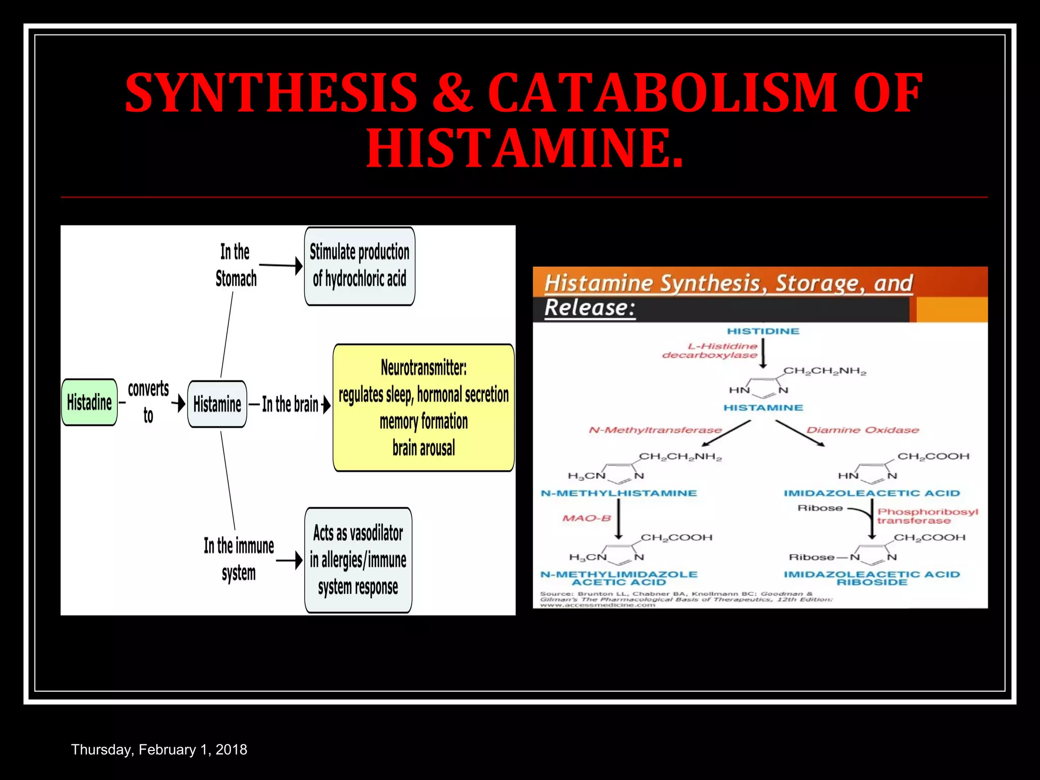 SYNTHESIS & CATABOLISM OF
HISTAMINE.
Thursday, February 1, 2018
 