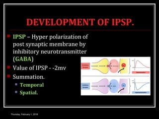 DEVELOPMENT OF IPSP.
 IPSP – Hyper polarization of
post synaptic membrane by
inhibitory neurotransmitter
(GABA)
 Value of IPSP - -2mv
 Summation.
 Temporal
 Spatial.
Thursday, February 1, 2018
 