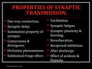 PROPERTIES OF SYNAPTIC
TRANSMISSION.
 One way conduction.
 Synaptic delay.
 Summation property of
synapse.
 Conversions &
divergence.
 Occlusion phenomenon.
 Subliminal fringe effect.
 Facilitation.
 Synaptic fatigue.
 Synaptic plasticity &
learning.
 Reverberation.
 Reciprocal inhibition.
 After discharge.
 Effect of acidosis &
Hypoxia
Thursday, February 1, 2018
 