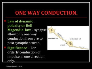 ONE WAY CONDUCTION.
 Law of dynamic
polarity or Bell
Magendie law – synapse
allow only one way
conduction from pre to
post synaptic neuron.
 Significance – For
orderly conduction of
impulse in one direction
only.
Thursday, February 1, 2018
 